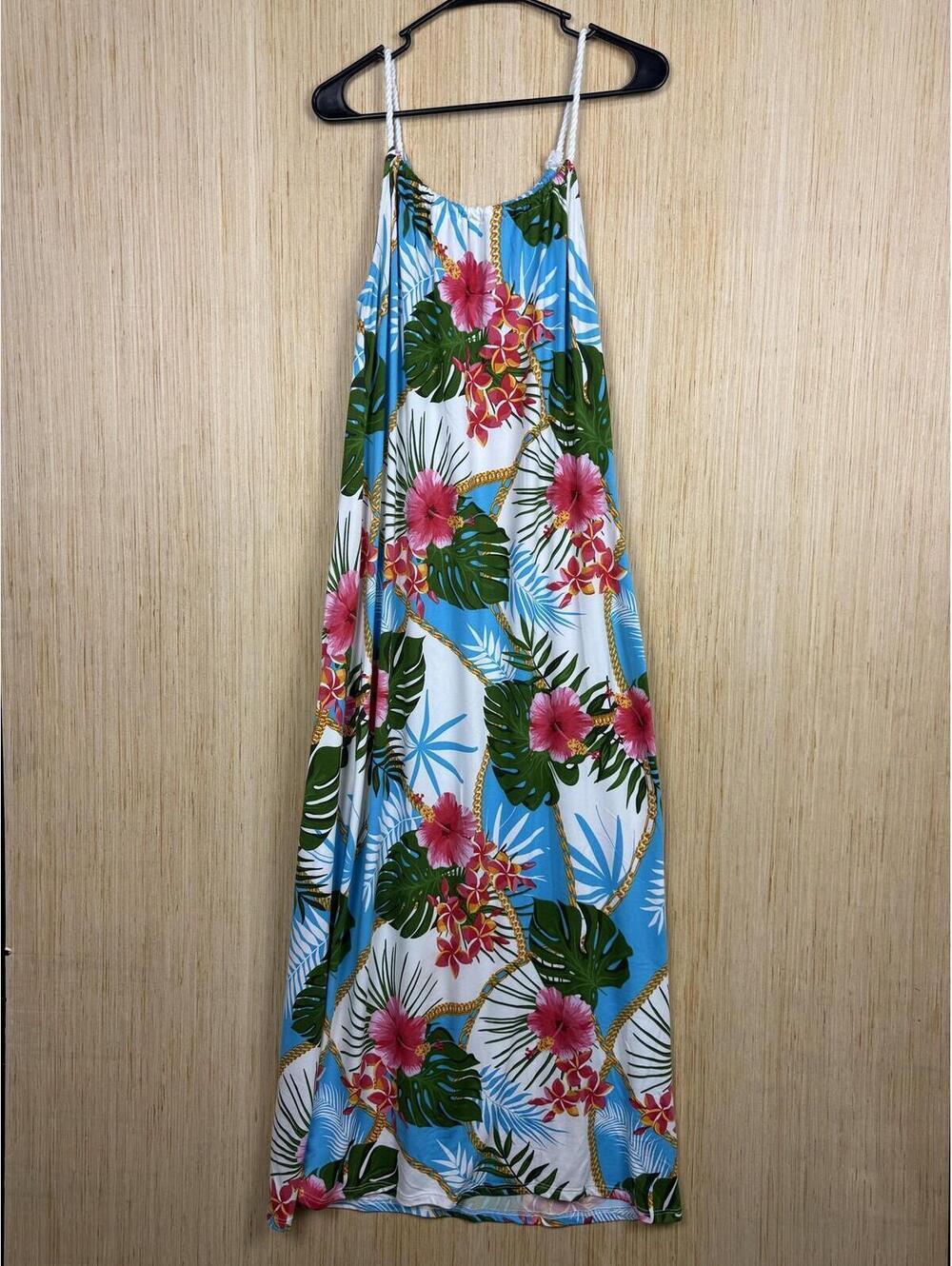 Love Dress Womens XL Blue Tropical Floral Halter Maxi Rope Strap Summer Sundress